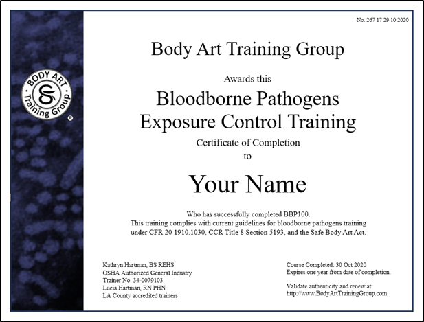 Sample Body Art Training Group bloodborne pathogens training certificate.